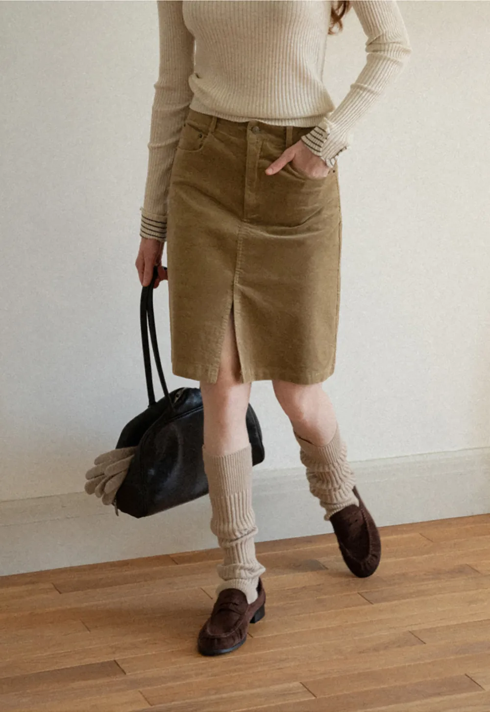 Corduroy A-Line Skirt with Front Slit