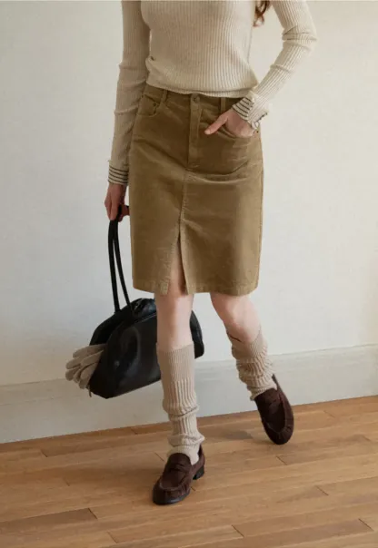 Corduroy A-Line Skirt with Front Slit