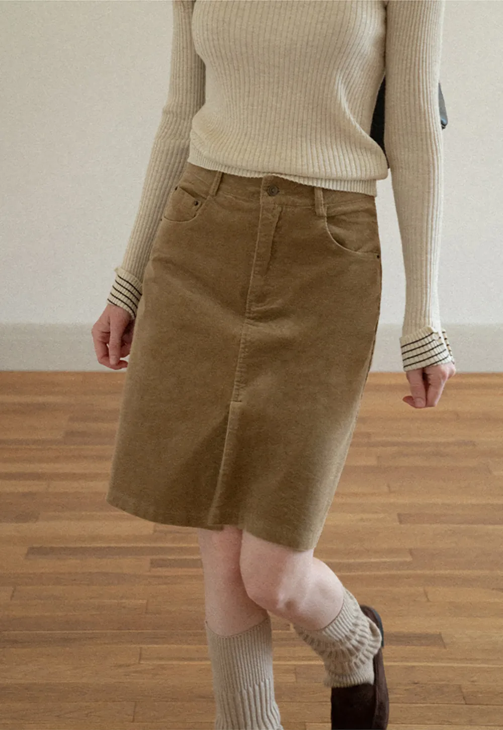 Corduroy A-Line Skirt with Front Slit