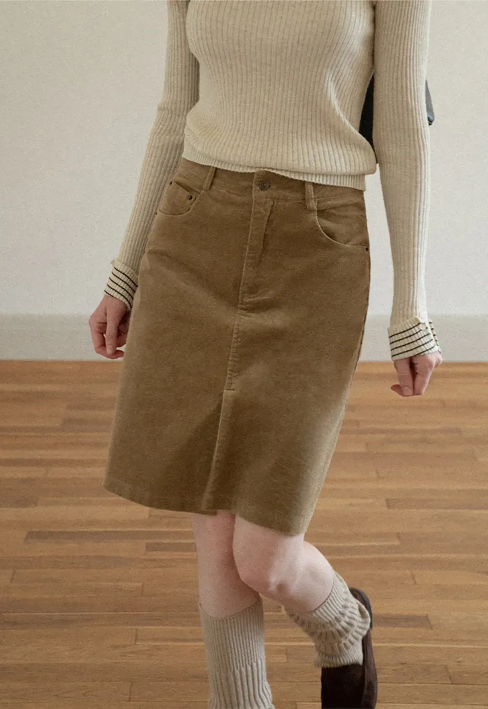 Corduroy A-Line Skirt with Front Slit