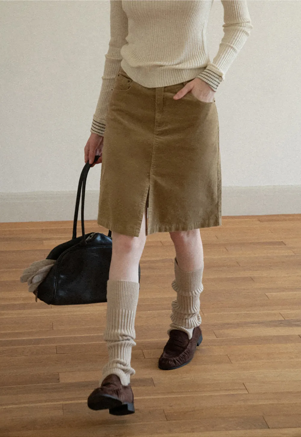 Corduroy A-Line Skirt with Front Slit