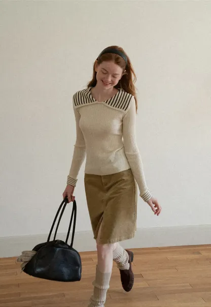 Corduroy A-Line Skirt with Front Slit