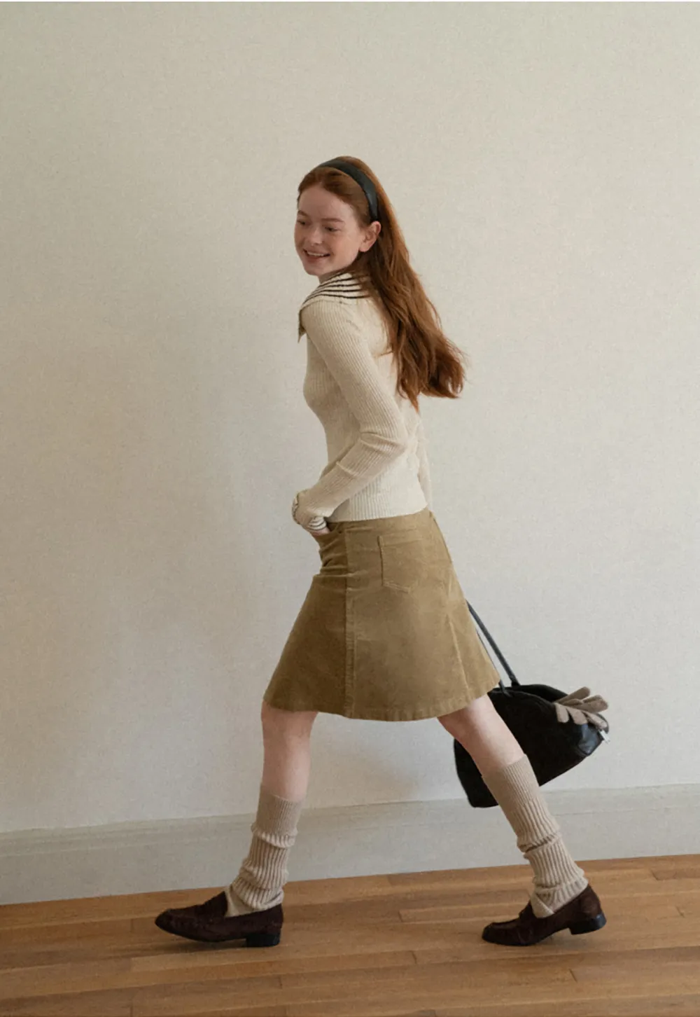 Corduroy A-Line Skirt with Front Slit