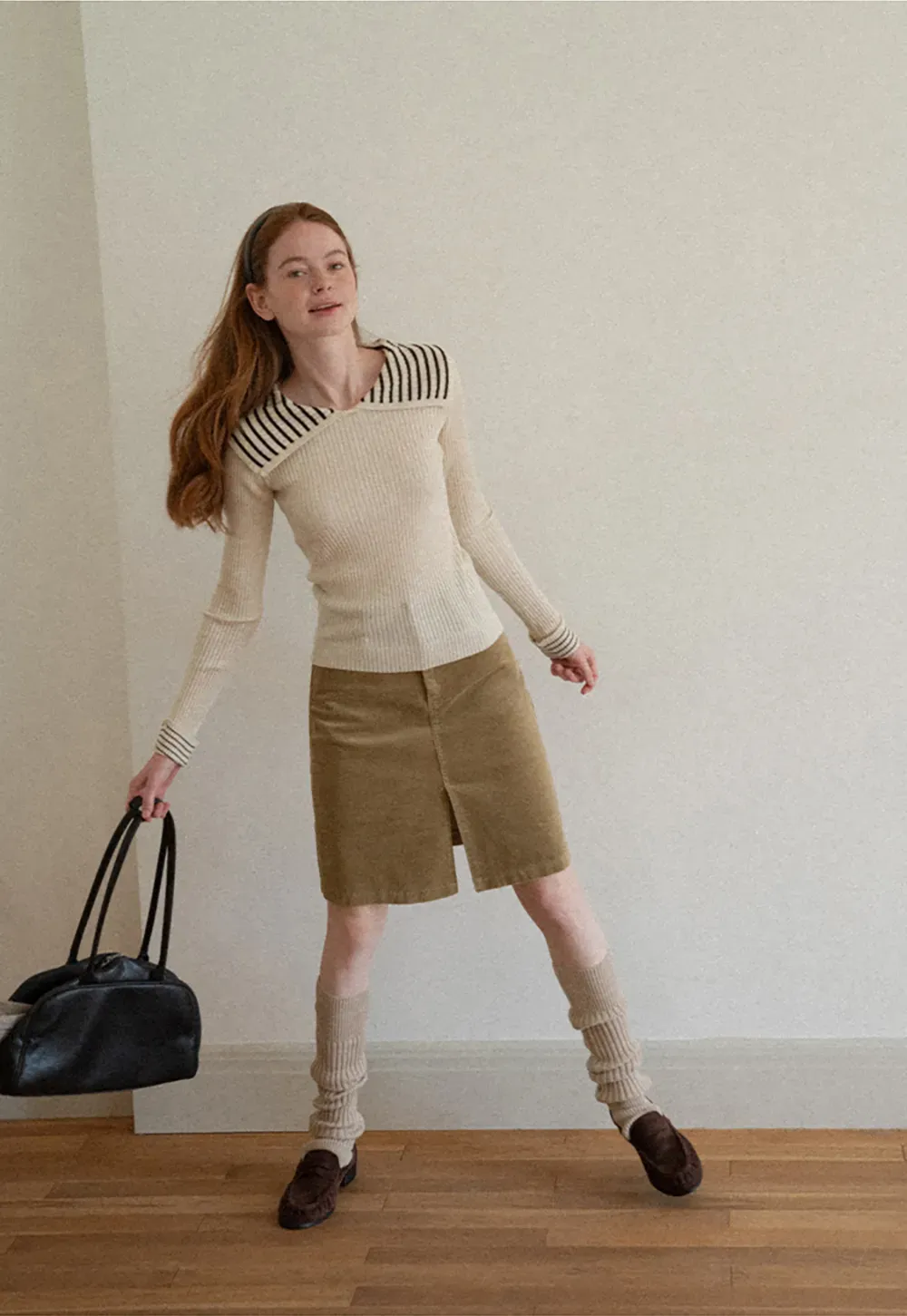 Corduroy A-Line Skirt with Front Slit