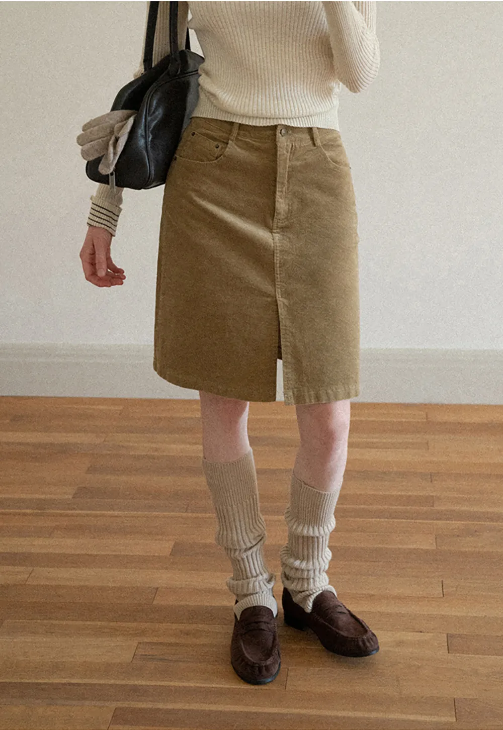 Corduroy A-Line Skirt with Front Slit