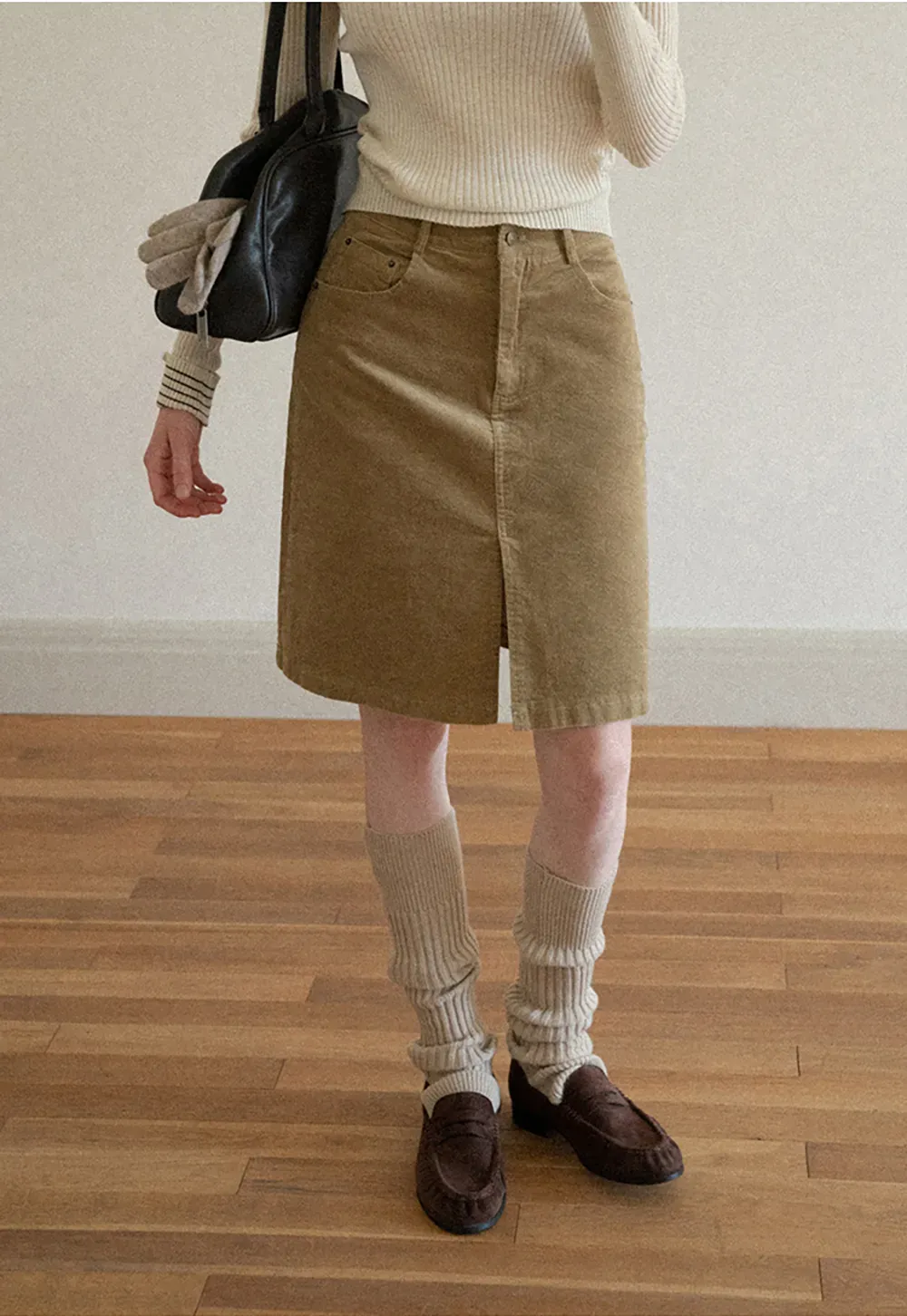 Corduroy A-Line Skirt with Front Slit