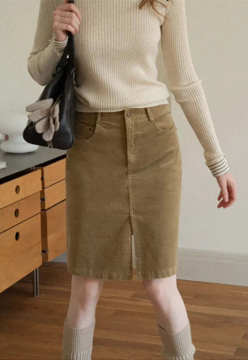 Corduroy A-Line Skirt with Front Slit