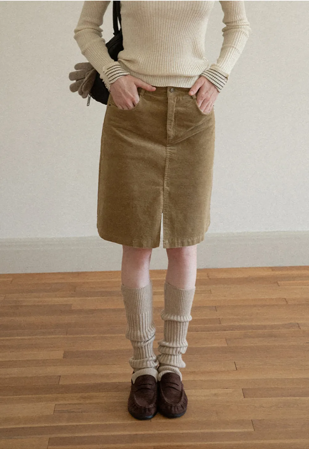 Corduroy A-Line Skirt with Front Slit