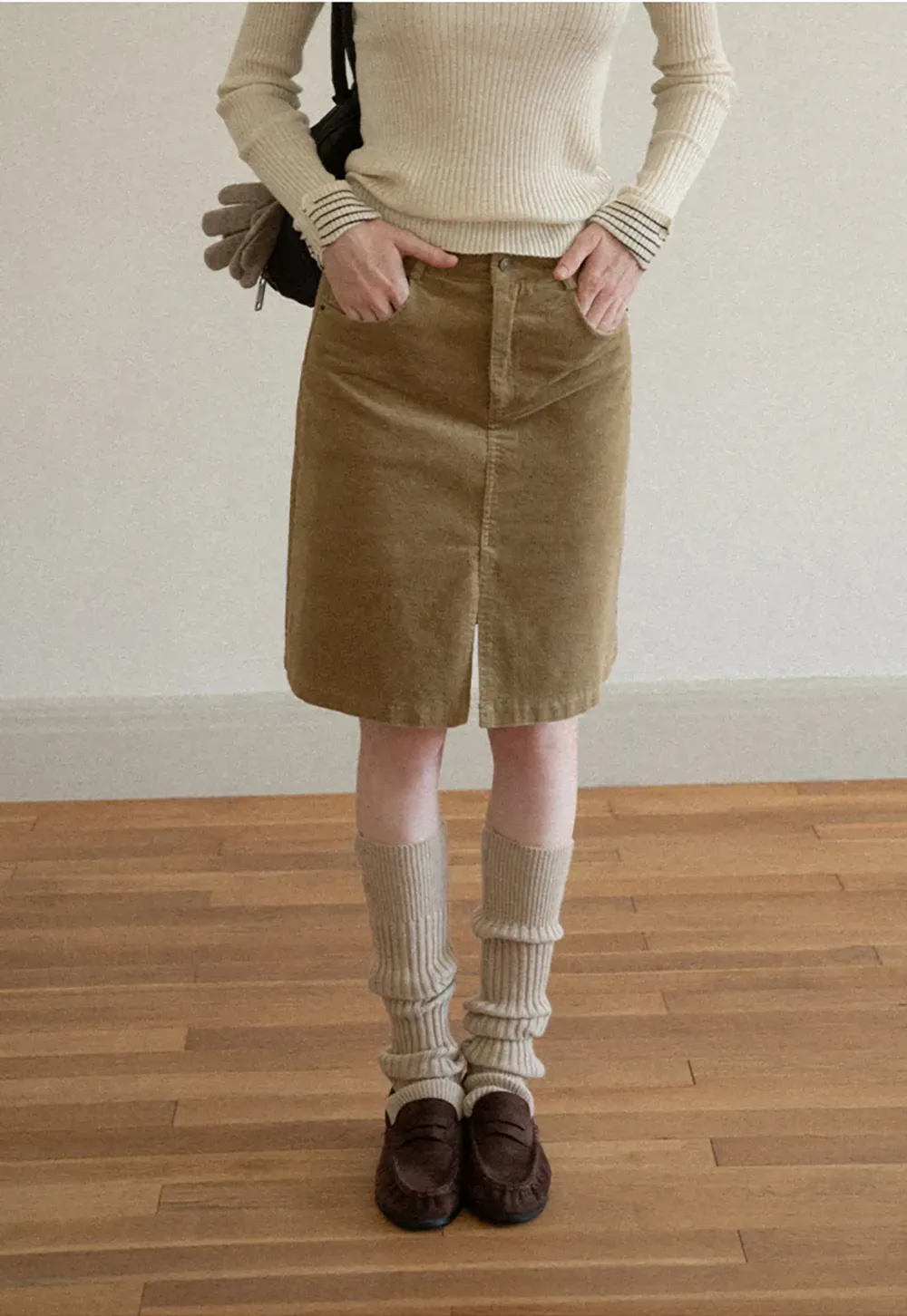 Corduroy A-Line Skirt with Front Slit