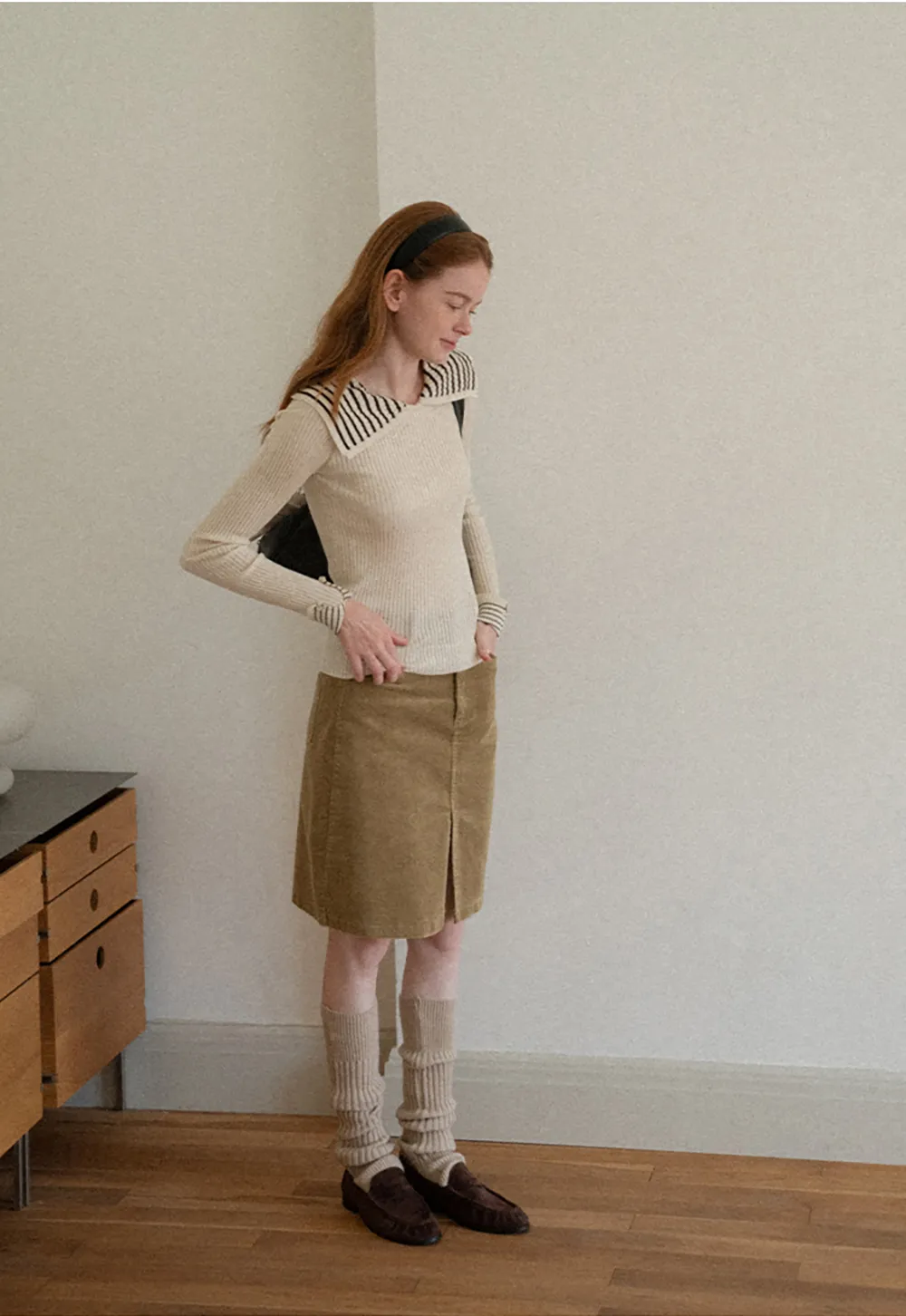 Corduroy A-Line Skirt with Front Slit