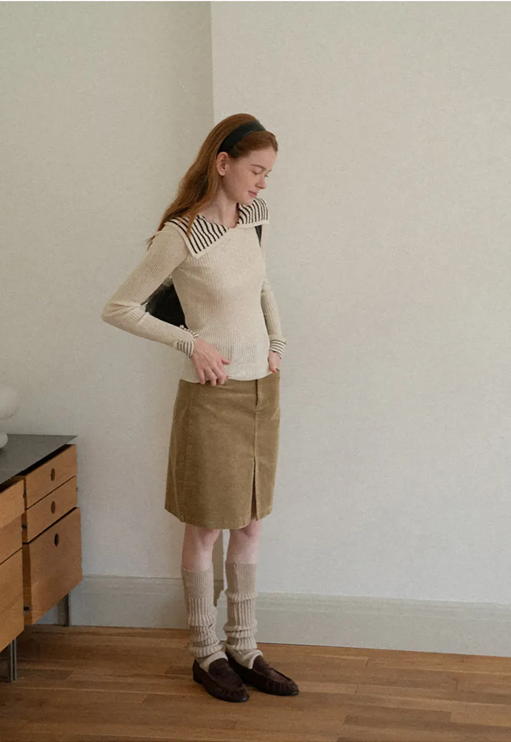 Corduroy A-Line Skirt with Front Slit