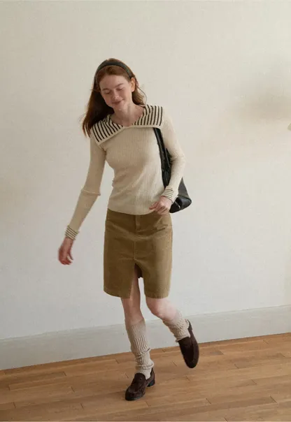 Corduroy A-Line Skirt with Front Slit
