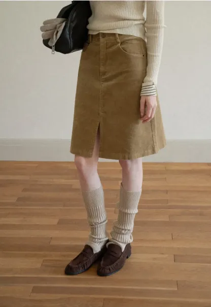 Corduroy A-Line Skirt with Front Slit