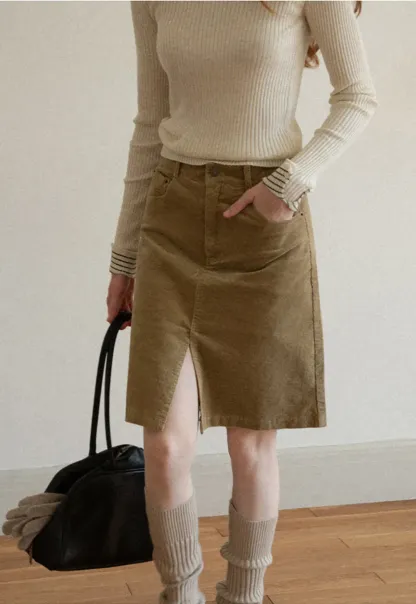Corduroy A-Line Skirt with Front Slit