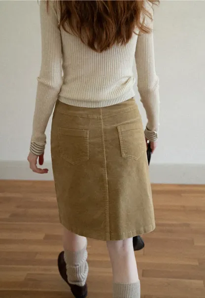 Corduroy A-Line Skirt with Front Slit