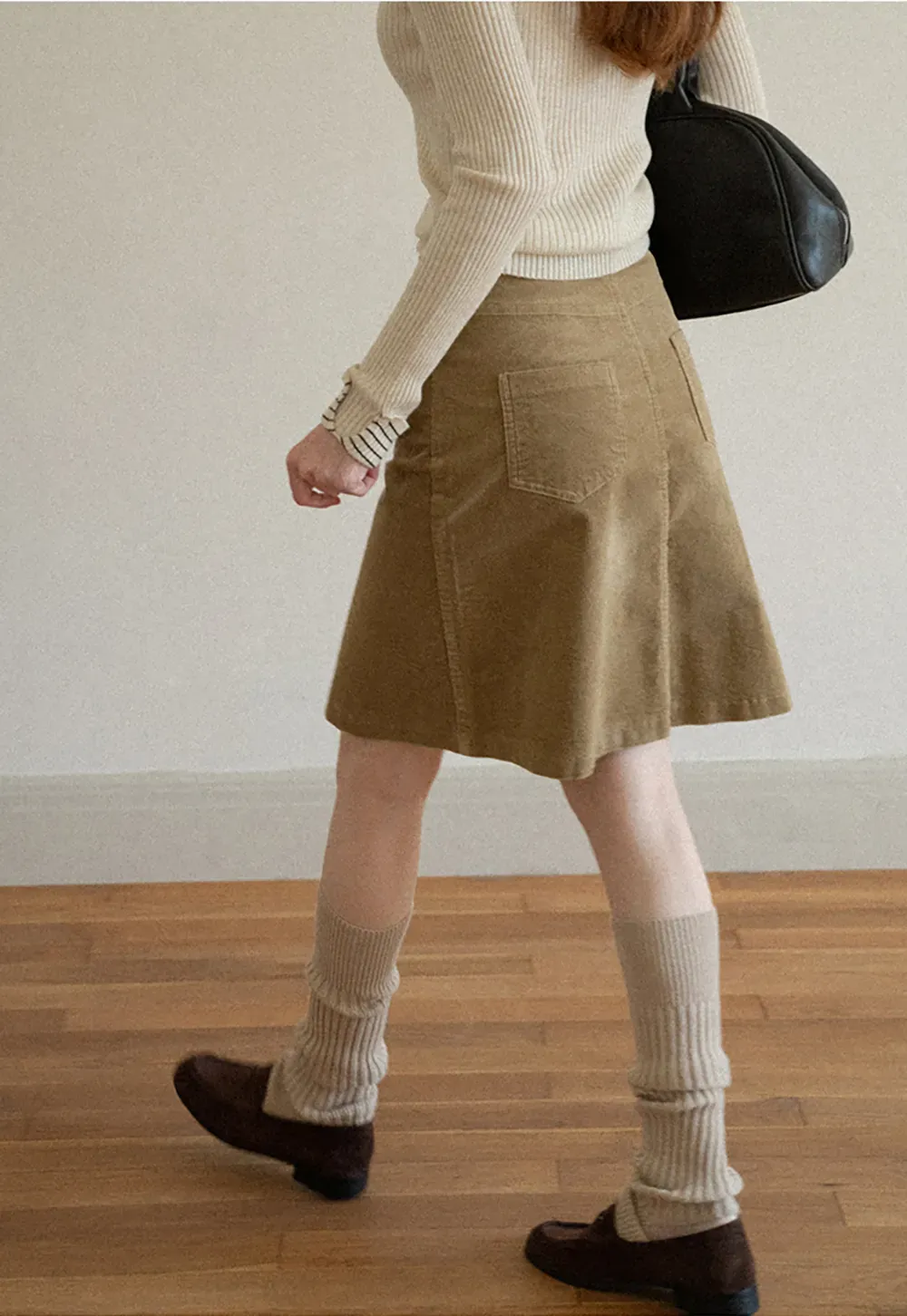 Corduroy A-Line Skirt with Front Slit