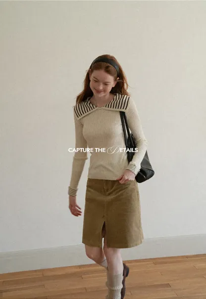 Corduroy A-Line Skirt with Front Slit