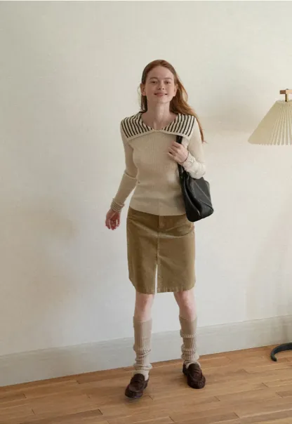 Corduroy A-Line Skirt with Front Slit