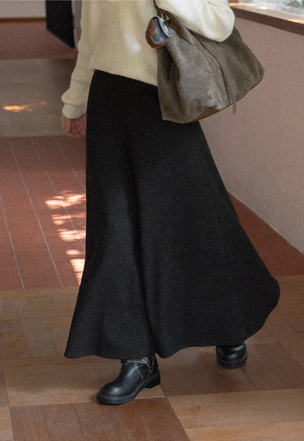 A-Line Wool Blend Midi Skirt
