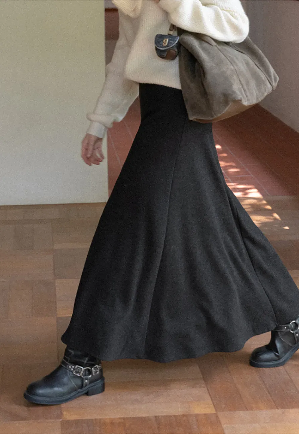 A-Line Wool Blend Midi Skirt