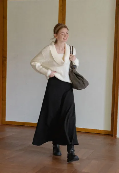 A-Line Wool Blend Midi Skirt