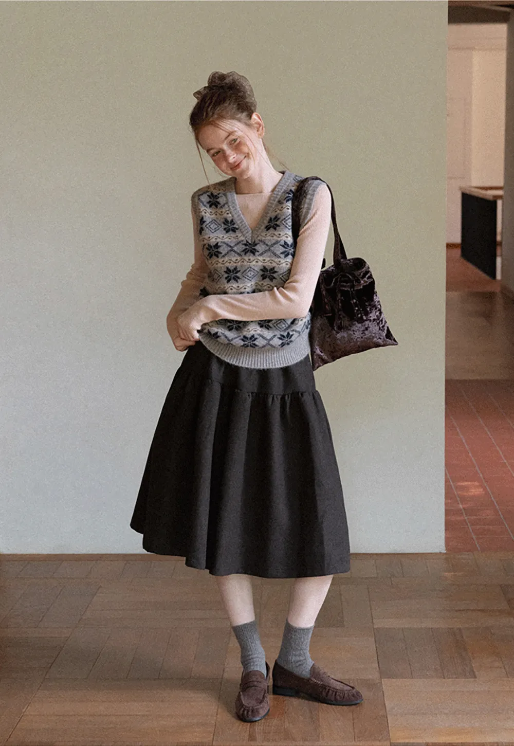 Tiered A-Line Wool Blend Skirt