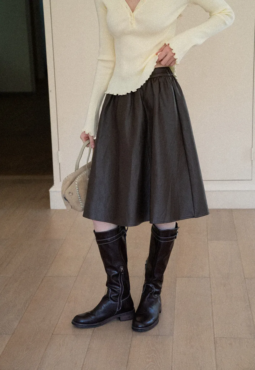 High Waist A Line Leather Skirt