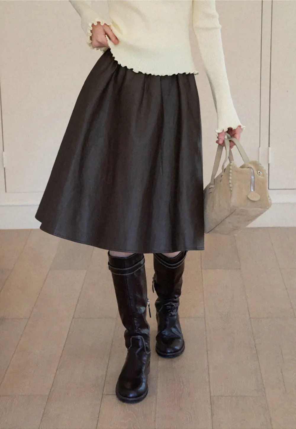 High Waist A Line Leather Skirt
