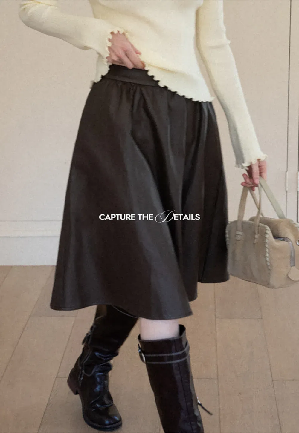 High Waist A Line Leather Skirt