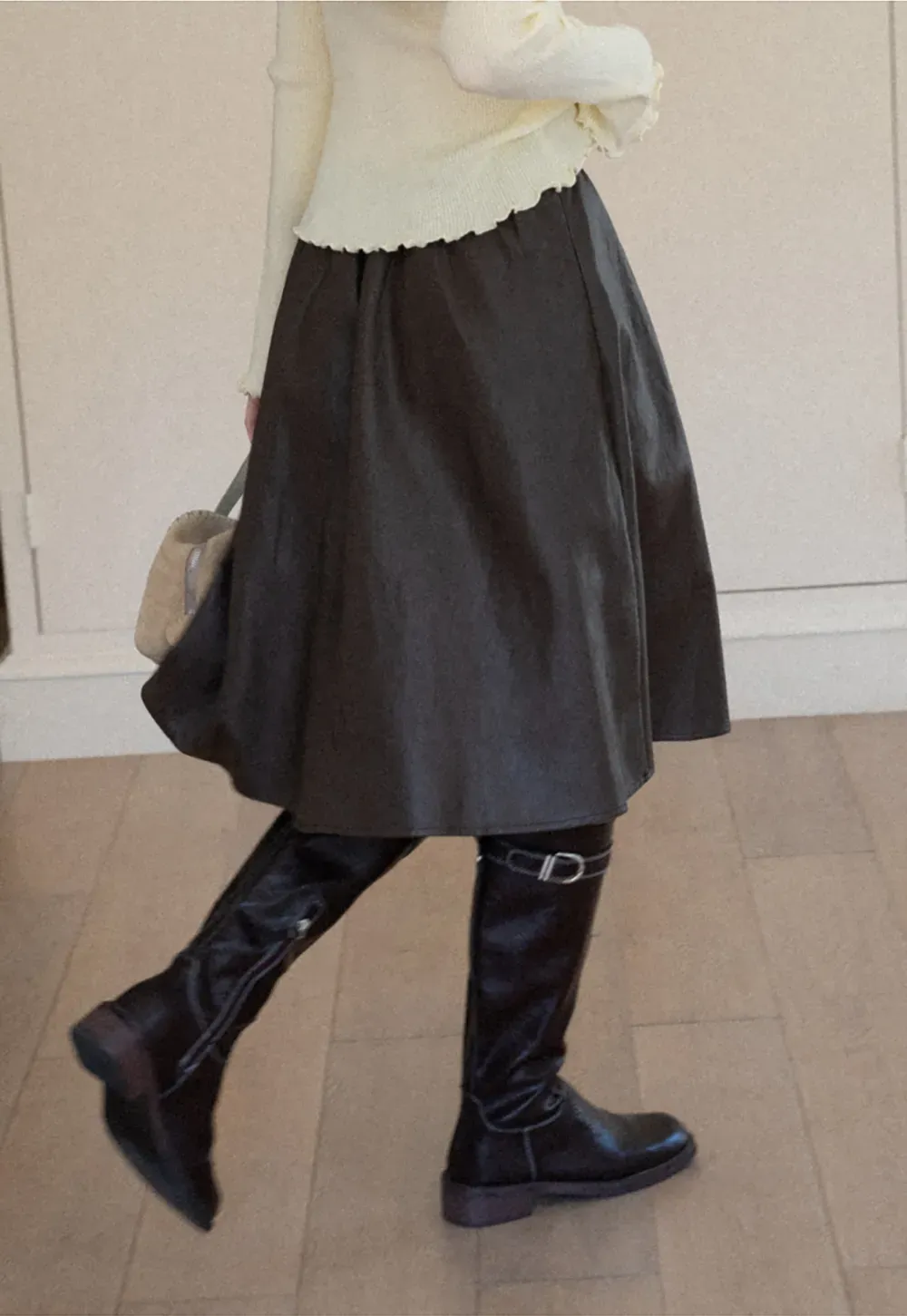 High Waist A Line Leather Skirt