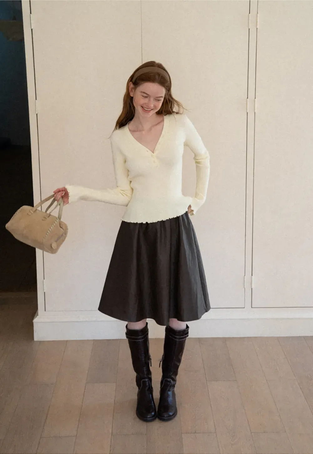High Waist A Line Leather Skirt
