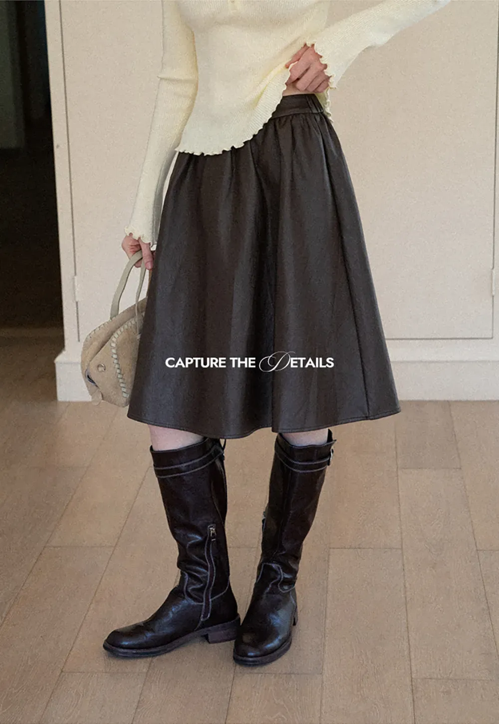 High Waist A Line Leather Skirt