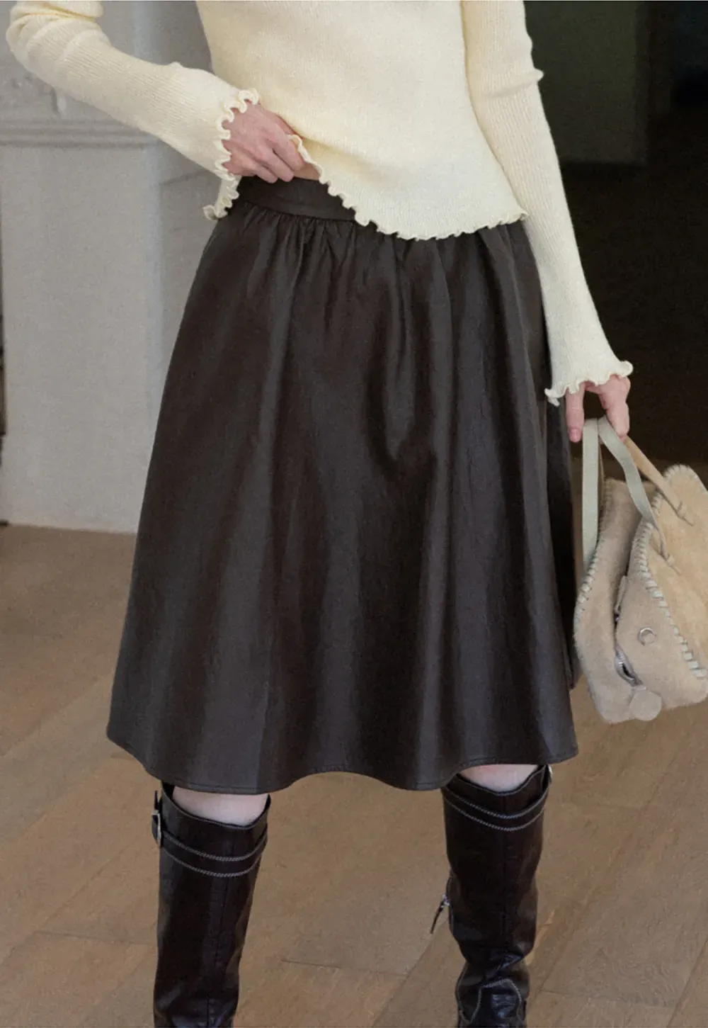 High Waist A Line Leather Skirt