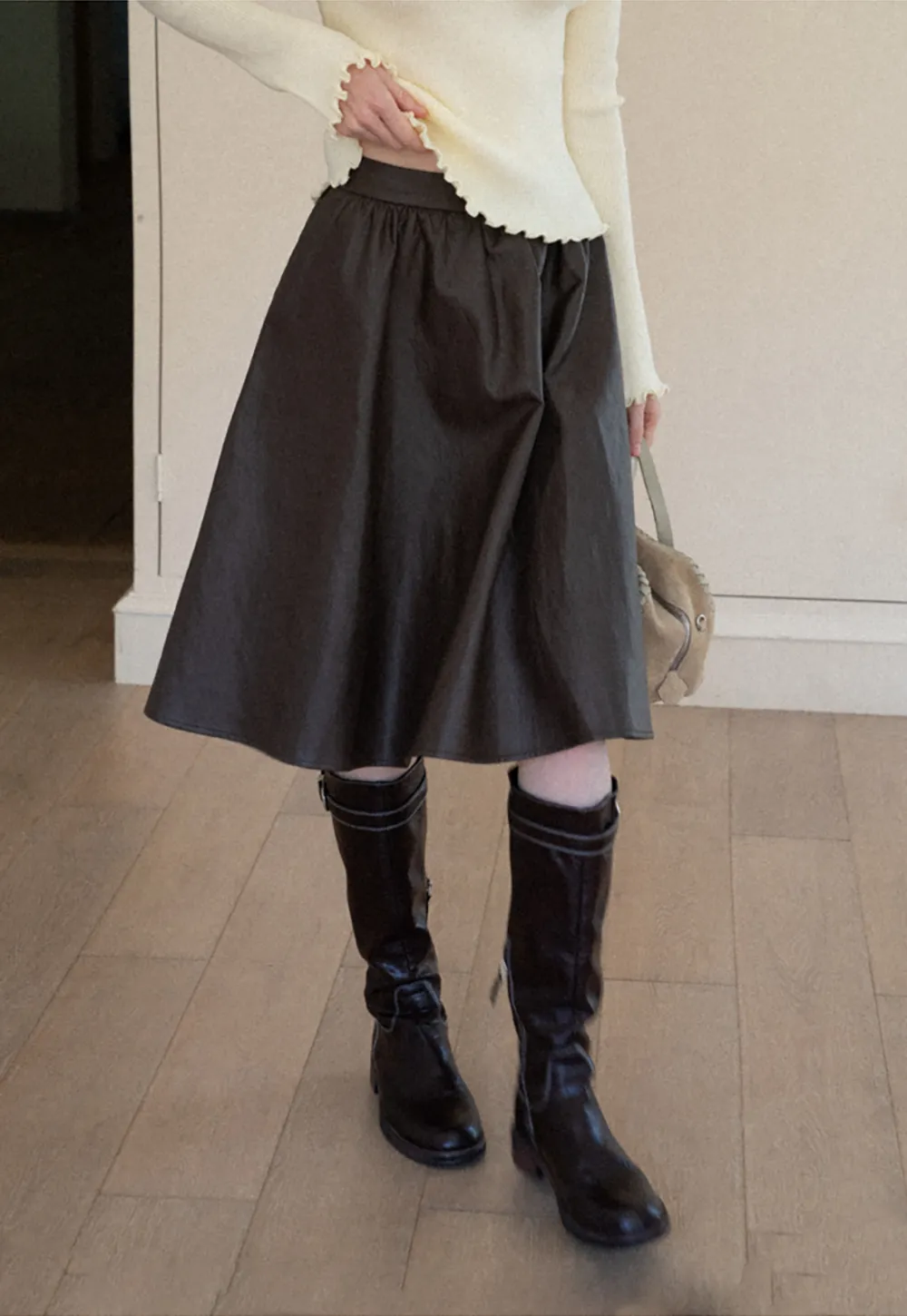 High Waist A Line Leather Skirt