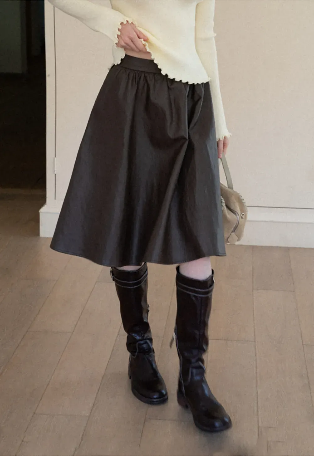 High Waist A Line Leather Skirt