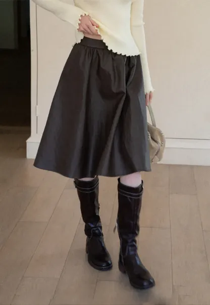 High Waist A Line Leather Skirt