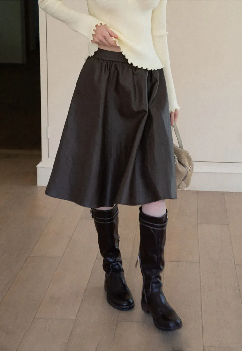 High Waist A Line Leather Skirt