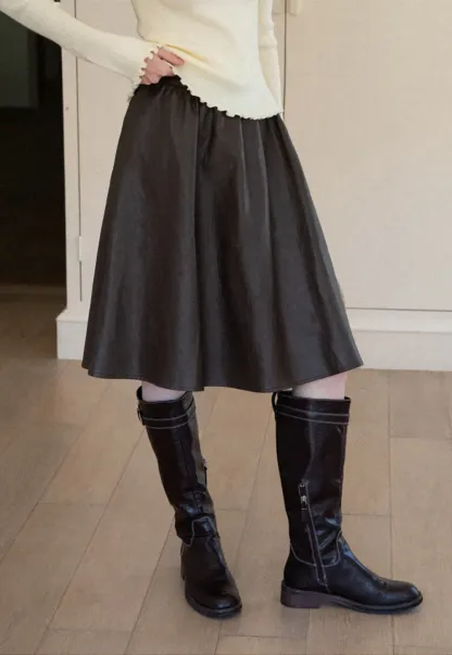 High Waist A Line Leather Skirt