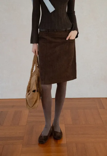 High Waist Suede Skirt with Front Pocket