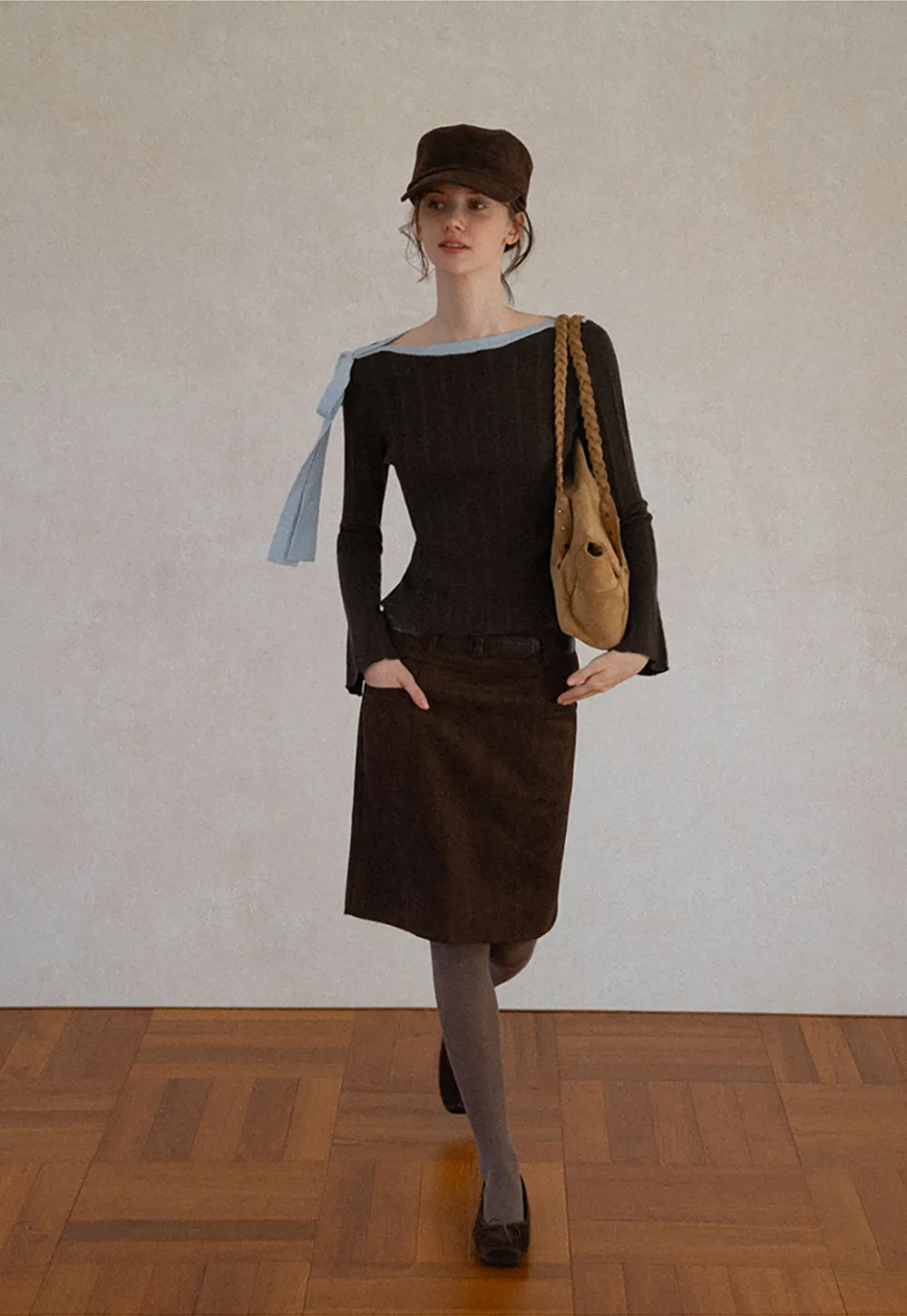 High Waist Suede Skirt with Front Pocket