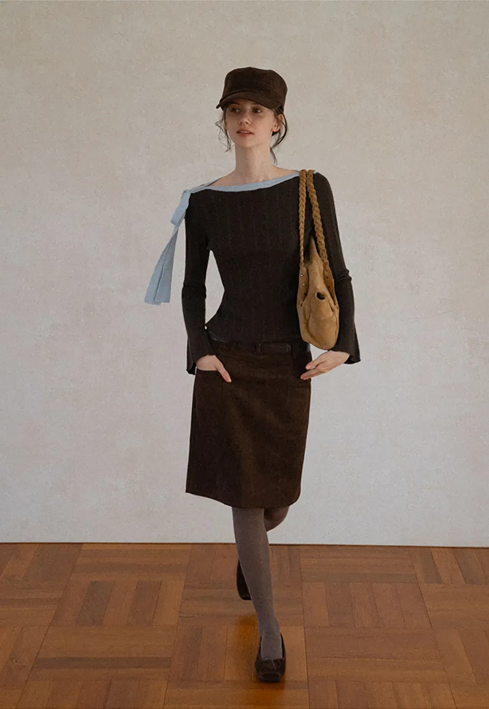High Waist Suede Skirt with Front Pocket