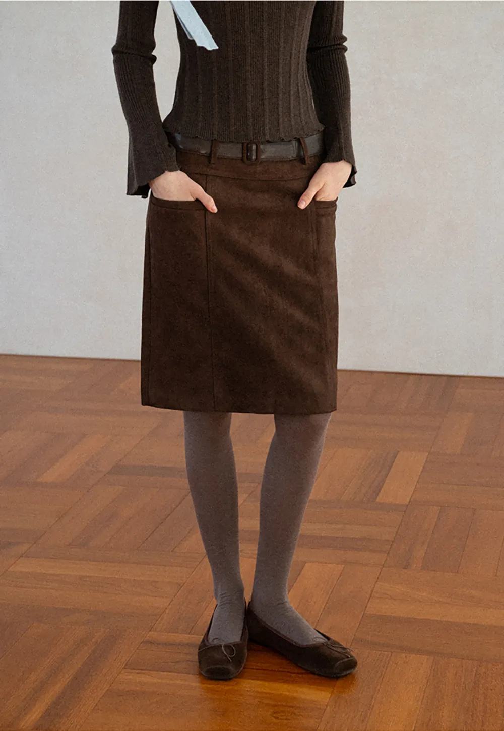 High Waist Suede Skirt with Front Pocket