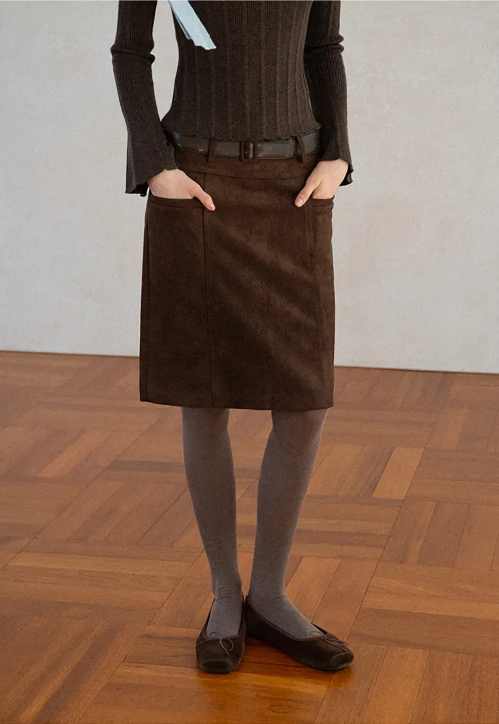 High Waist Suede Skirt with Front Pocket