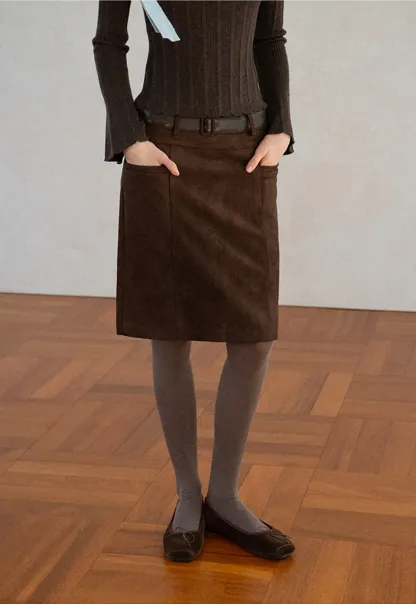 High Waist Suede Skirt with Front Pocket