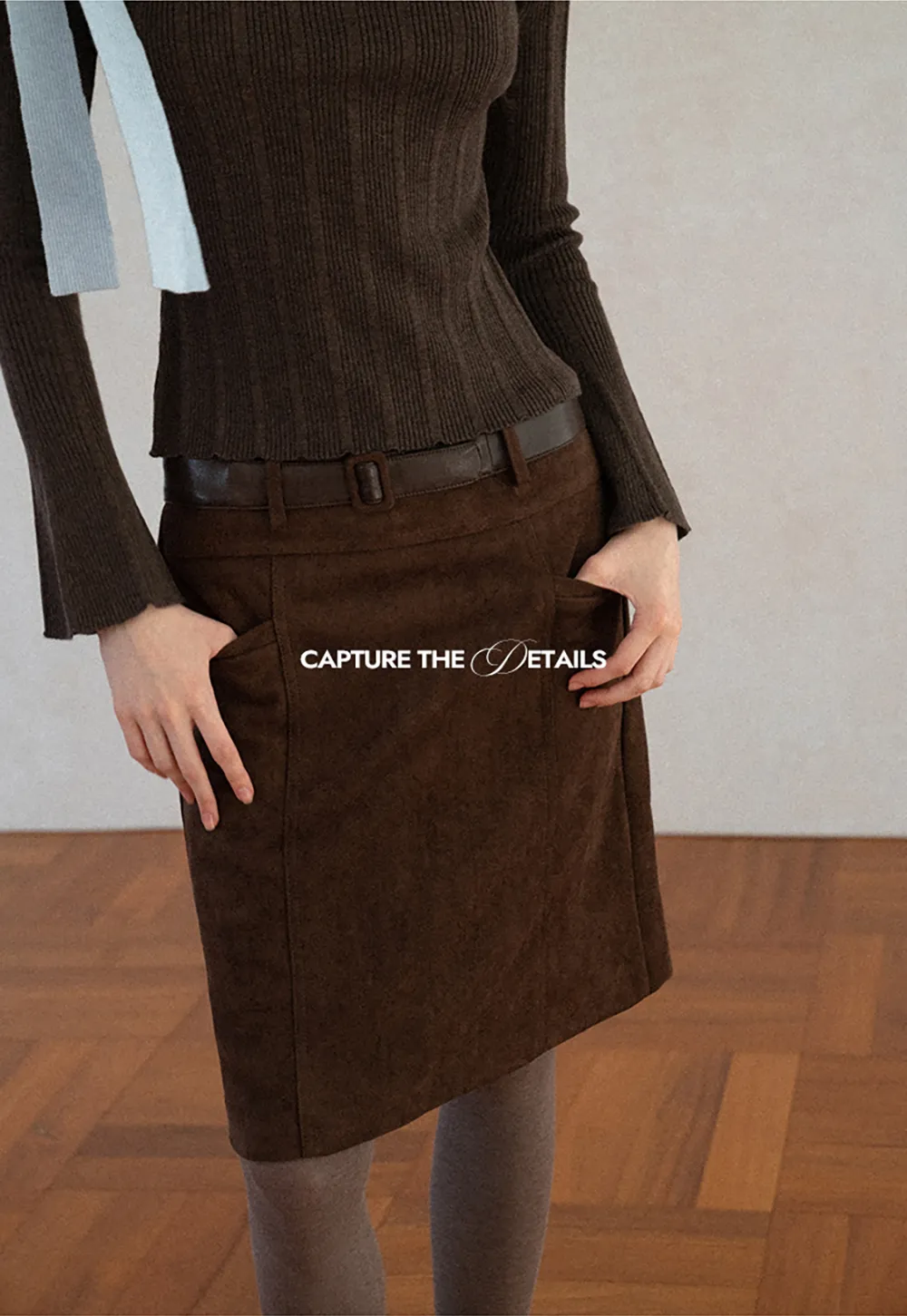High Waist Suede Skirt with Front Pocket