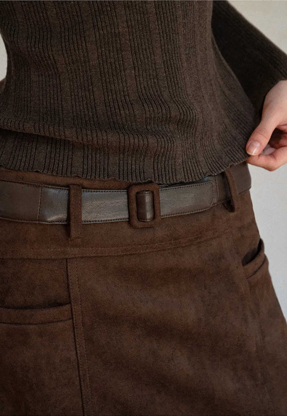 High Waist Suede Skirt with Front Pocket