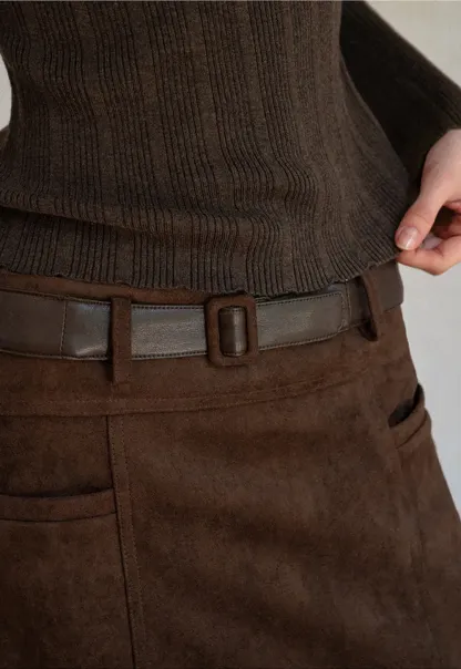 High Waist Suede Skirt with Front Pocket
