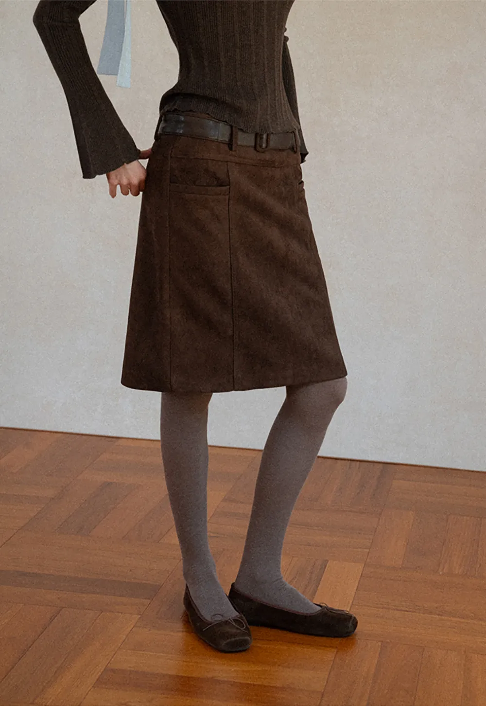 High Waist Suede Skirt with Front Pocket