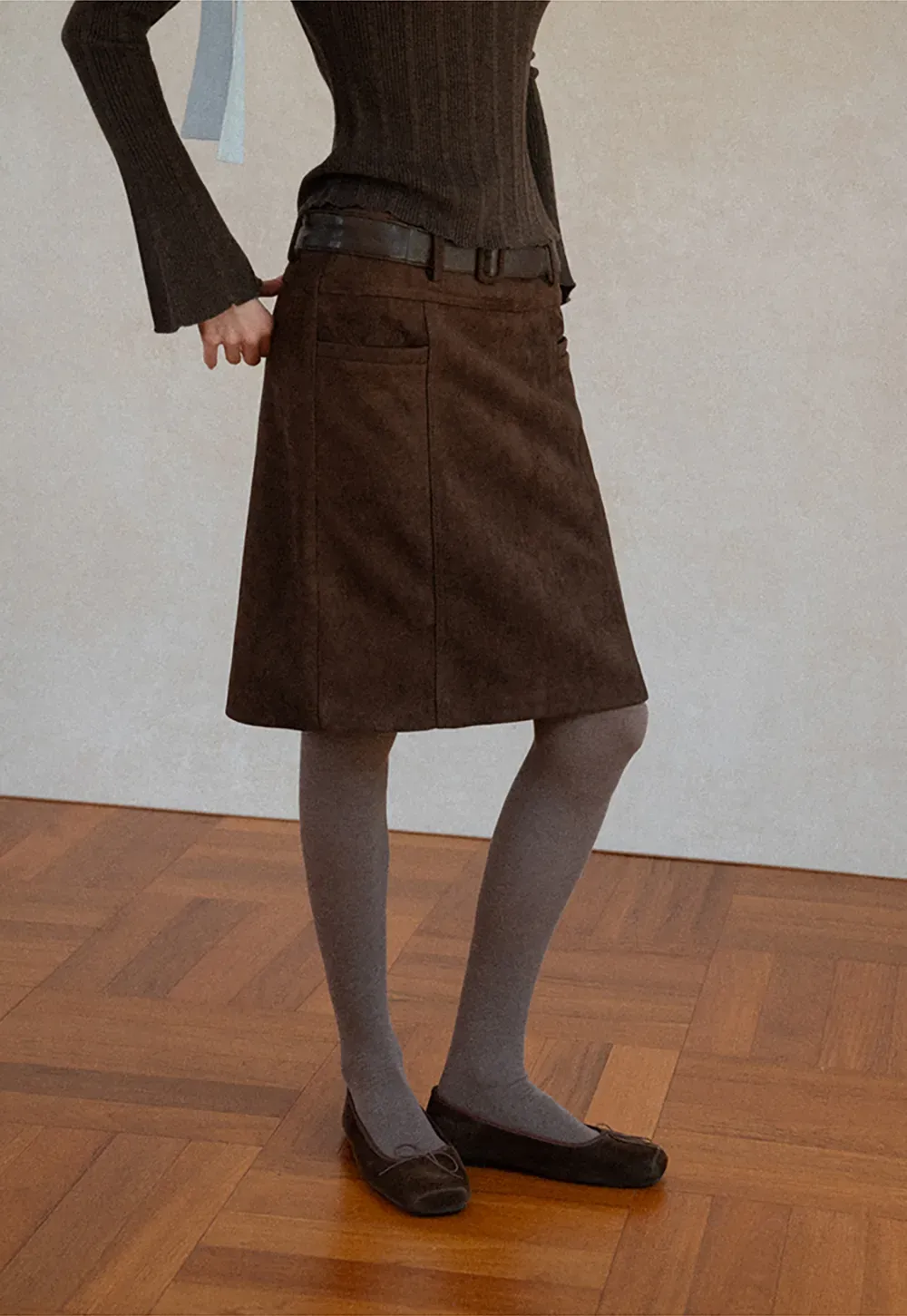 High Waist Suede Skirt with Front Pocket
