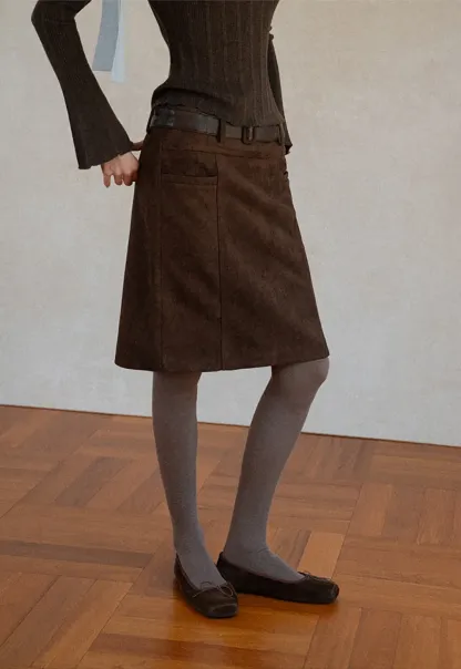 High Waist Suede Skirt with Front Pocket